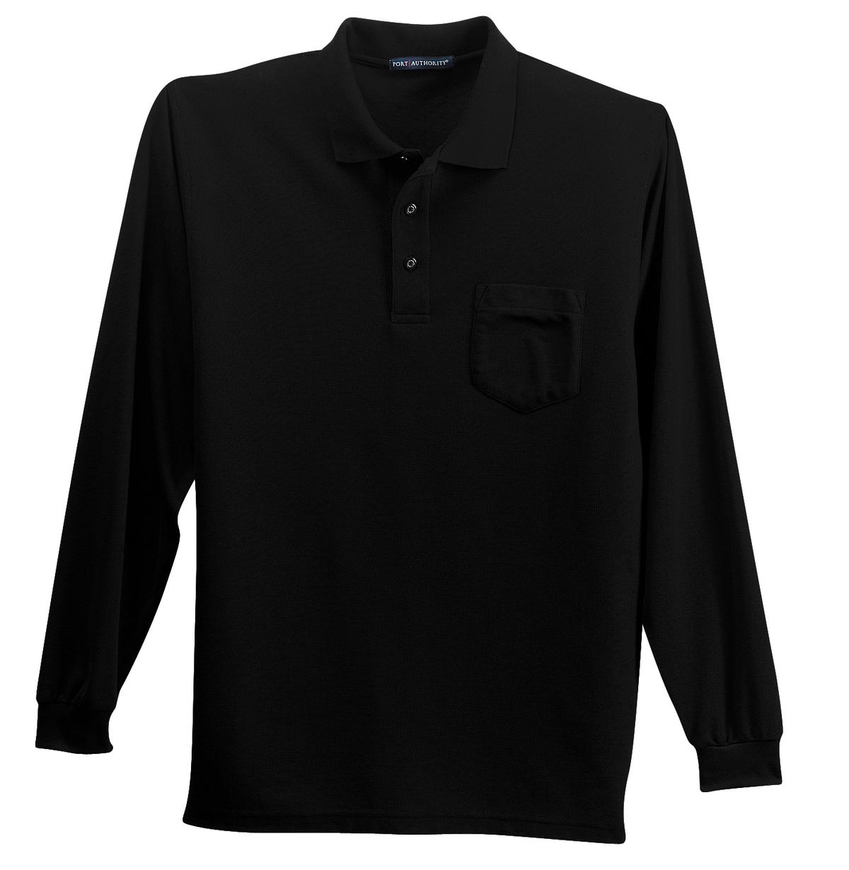 Port Authority Long Sleeve Silk Touch Polo with Pocket. K500LSP - Black - Front