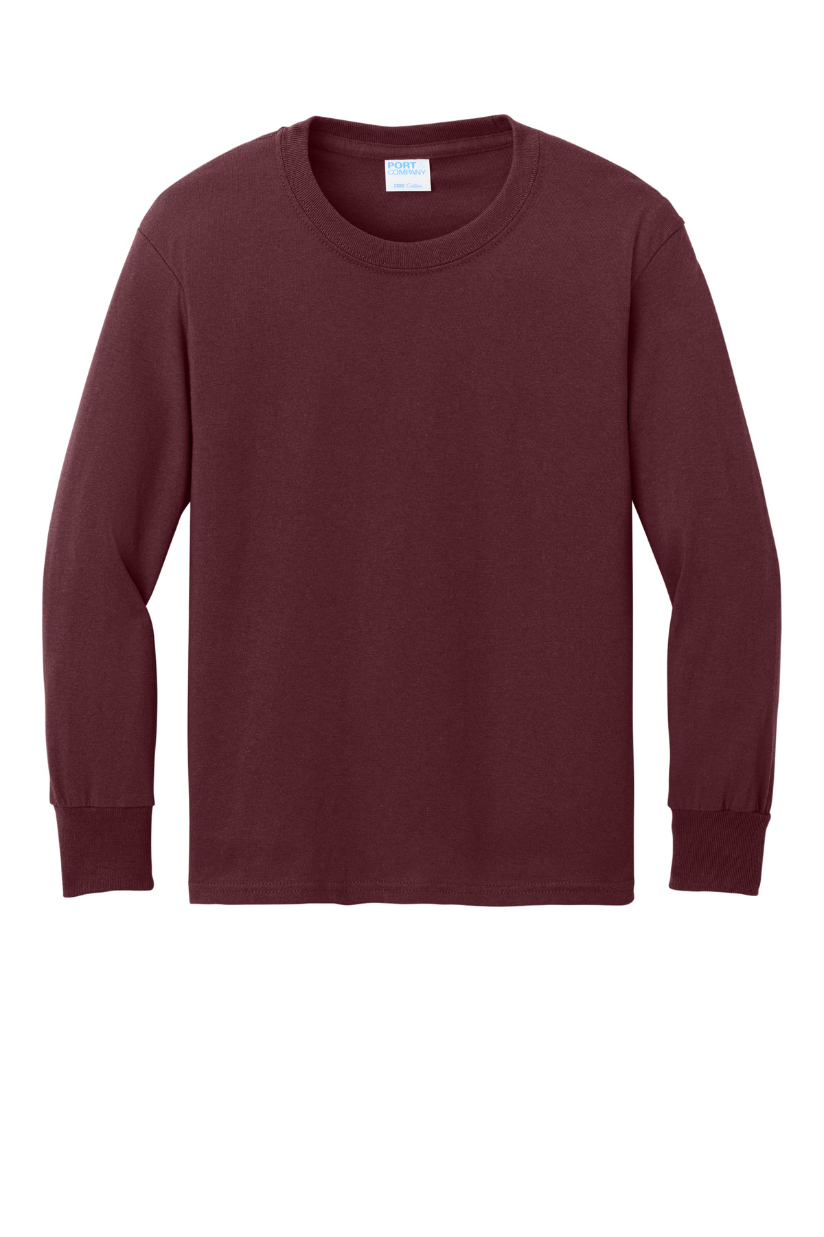 Port &amp; Co Youth Long Sleeve Core Cotton Tee. PC54YLS - Athl Maroon - Front