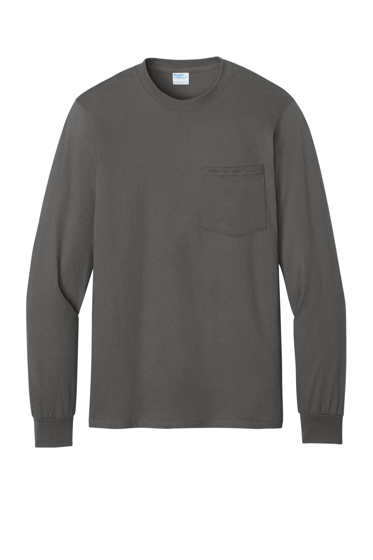Port &amp; Co Long Sleeve Essential Pocket Tee. PC61LSP - Charcoal - Front